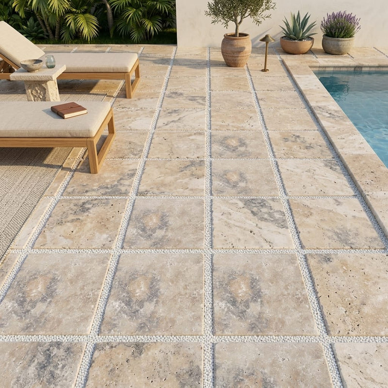 Ancient Castle Travertine Paver, Tumbled 24x24, 1.25 in — Backyard pool deck