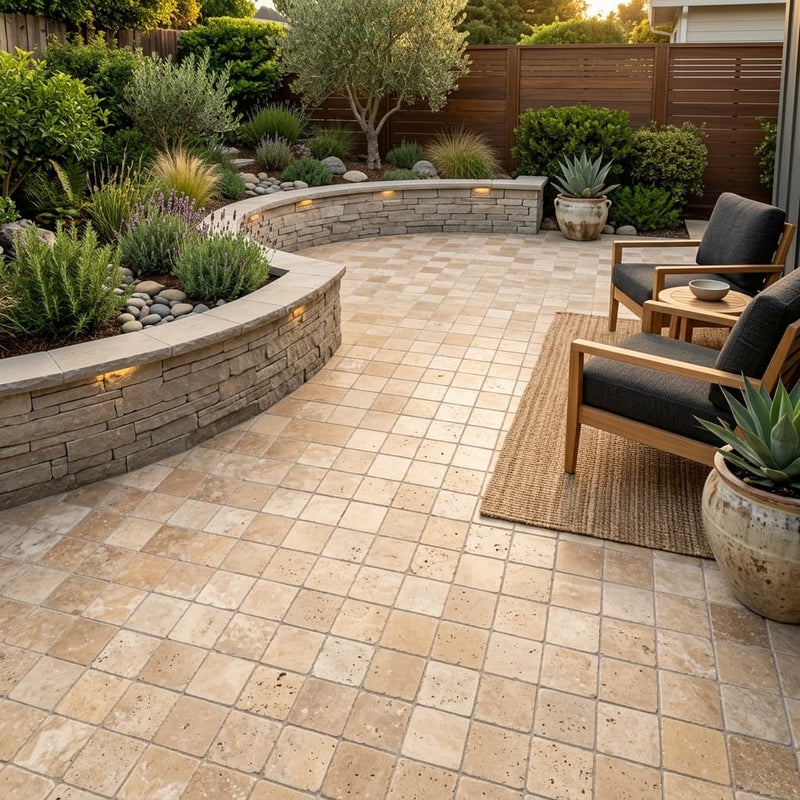 Ancient Castle Travertine Paver in Tumbled Finish, Size 6x6 — Backyard patio