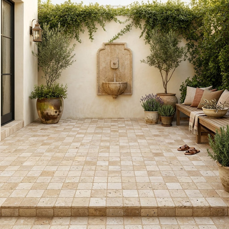 Ancient Castle Travertine Paver in Tumbled Finish, Size 6x6 — Courtyard paving