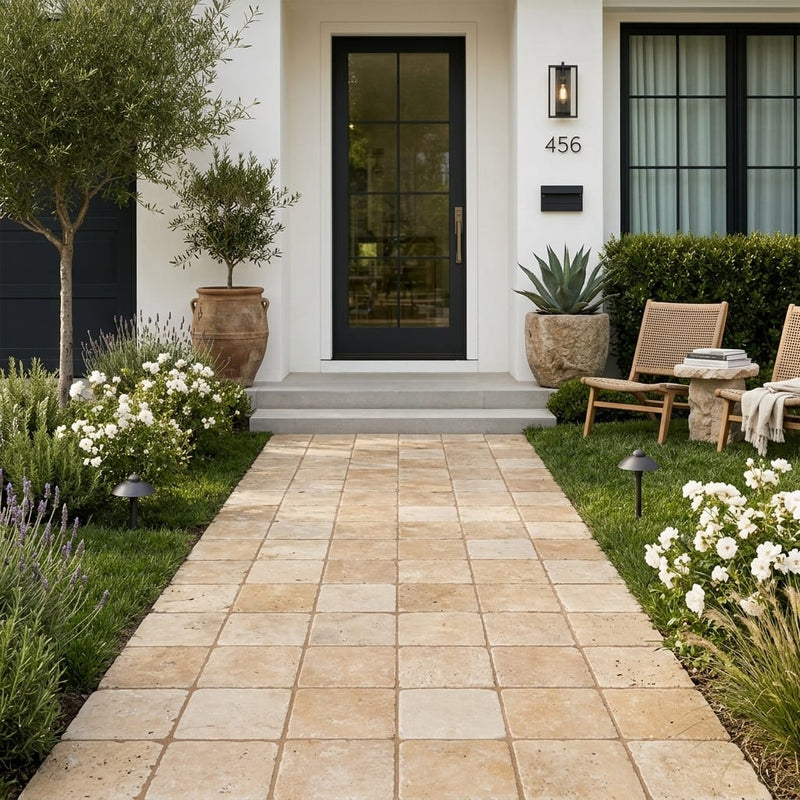 Ancient Castle Travertine Paver in Tumbled Finish, Size 6x6 — Front Yard walkway