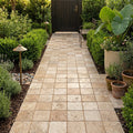 Ancient Castle Travertine Paver in Tumbled Finish, Size 6x6 — Garden path