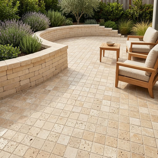 Ancient Castle Travertine Paver in Beige, Size 6x6 in — Backyard patio