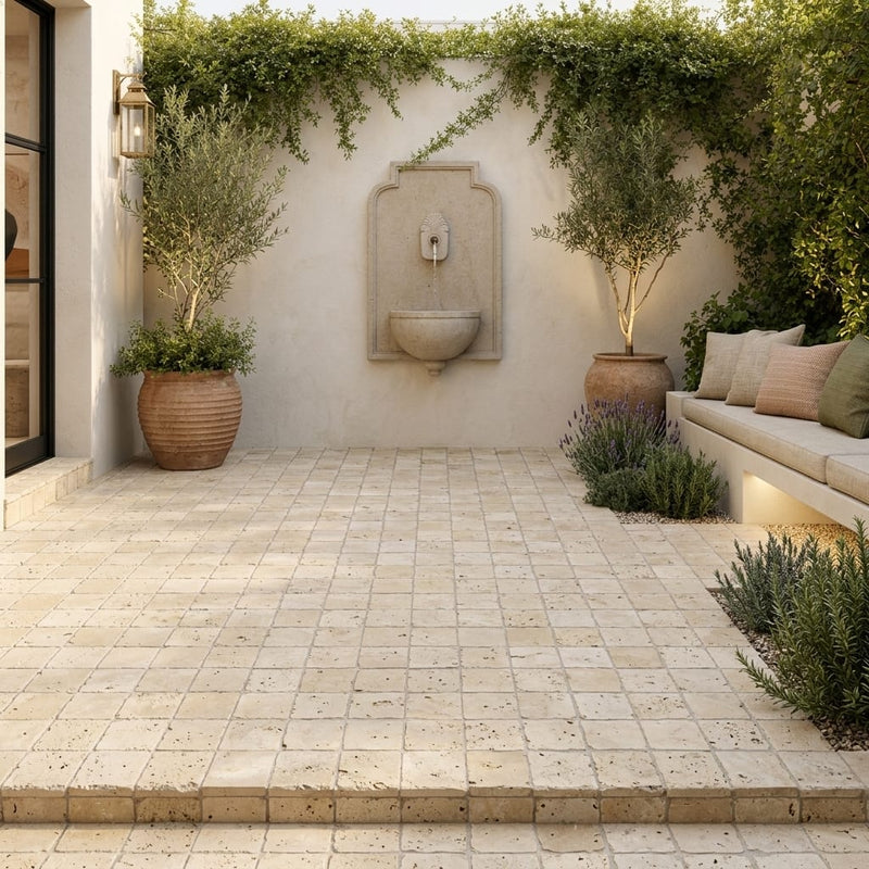 Ancient Castle Travertine Paver in Beige, Size 6x6 in — Courtyard paving