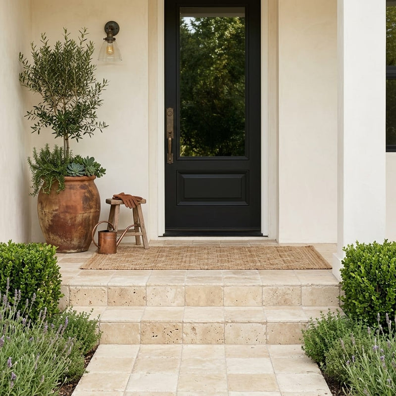 Ancient Castle Travertine Paver in Beige, Size 6x6 in — Front Yard front porch