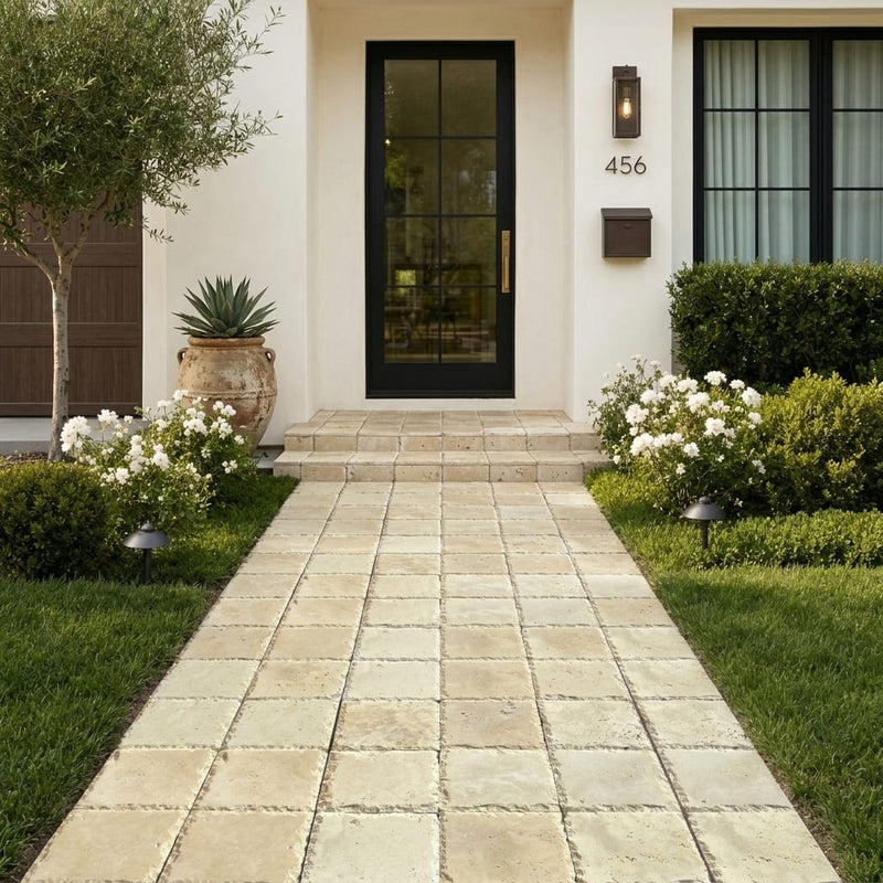 Ancient Castle Travertine Paver in Beige, Size 6x6 in — Front Yard walkway