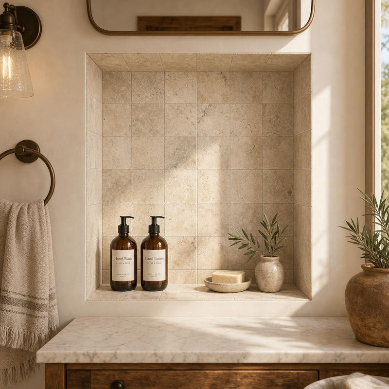 Ancient Castle Travertine Tile 4x4 Tumbled 3/8 inch — Bathroom niche