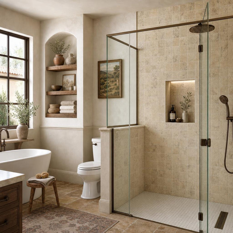 Ancient Castle Travertine Tile 4x4 Tumbled 3/8 inch — Bathroom shower wall accent band