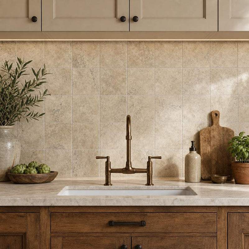 Ancient Castle Travertine Tile 4x4 Tumbled 3/8 inch — Kitchen backsplash
