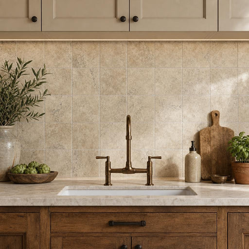 Ancient Castle Travertine Tile 4x4 Tumbled 3/8 inch — Kitchen backsplash