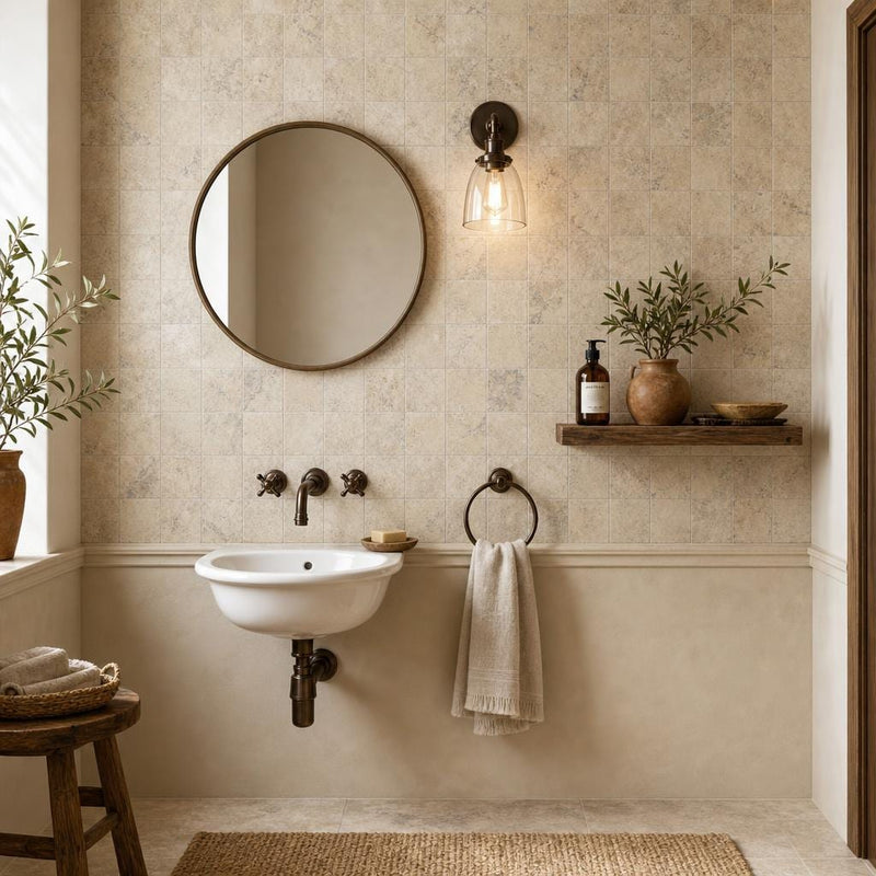 Ancient Castle Travertine Tile 4x4 Tumbled 3/8 inch — Powder Room wall