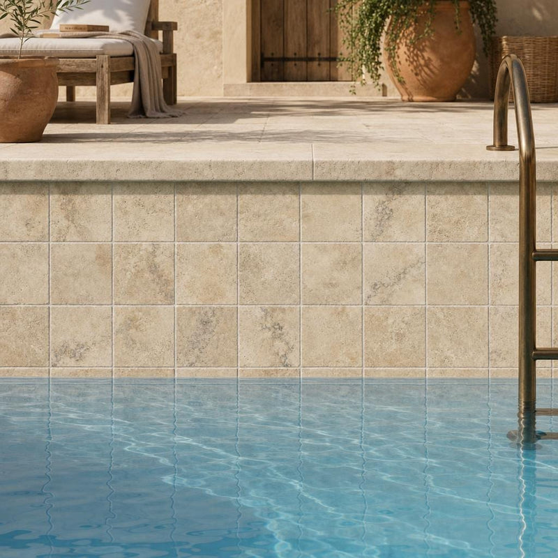 Ancient Castle Travertine Tile 4x4 Tumbled 3/8 inch — Swimming Pool waterline