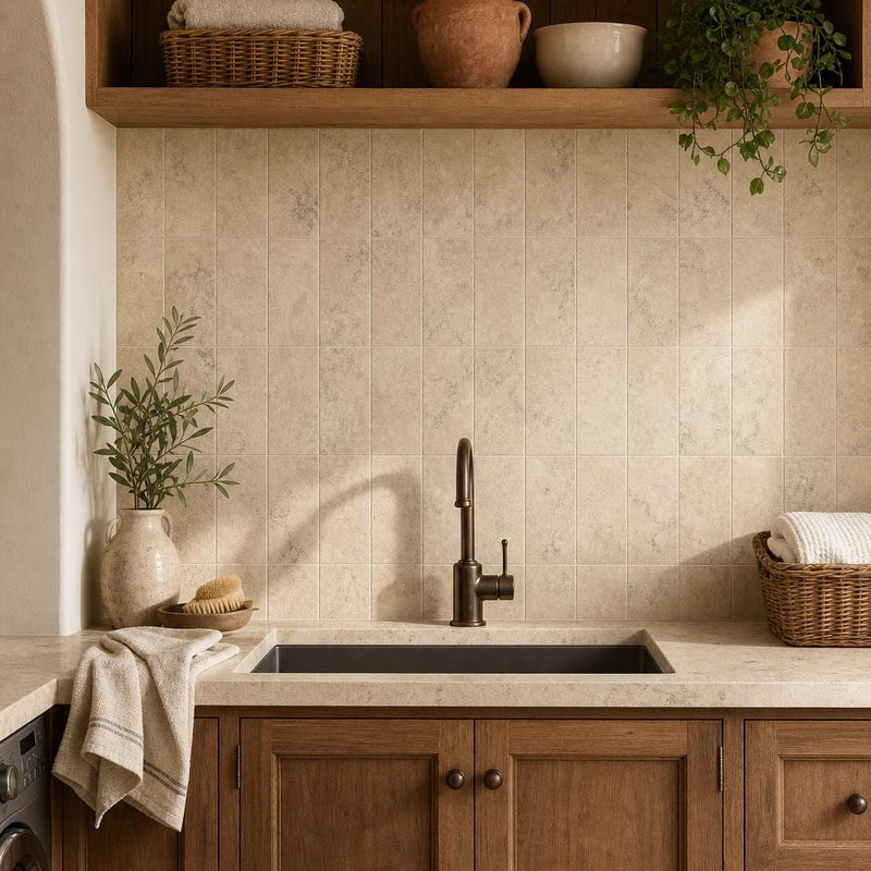 Ancient Castle Travertine Tile 6x12 Tumbled — Laundry Room backsplash