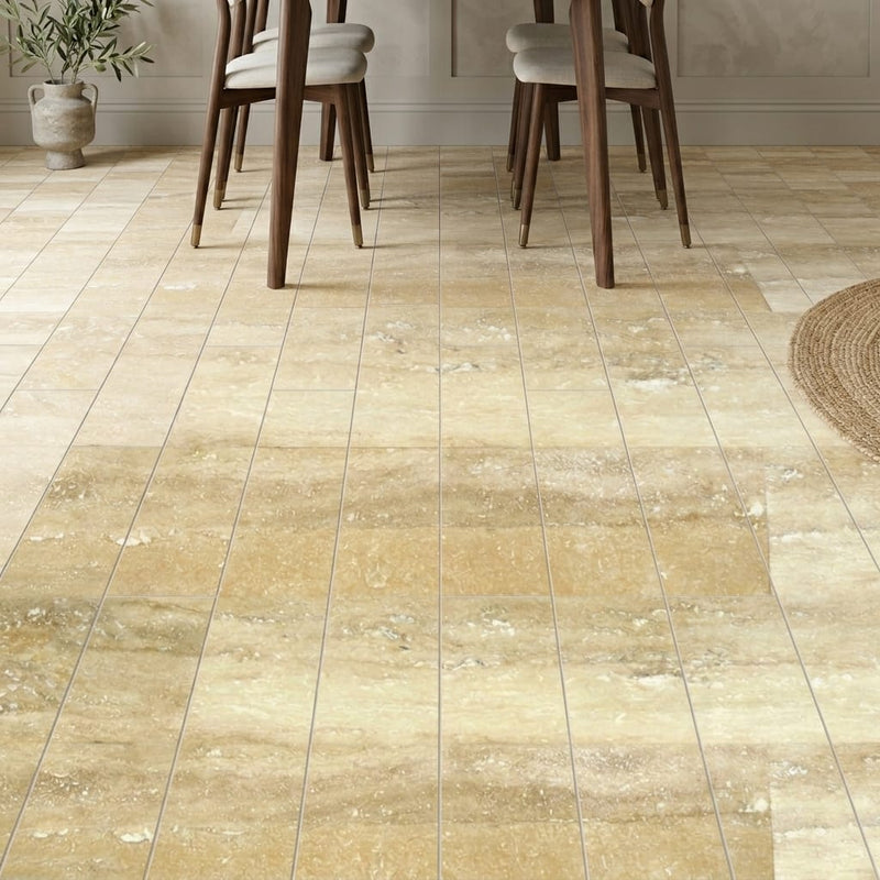 Ancient Castle Travertine Tile 6x32 Filled, Honed 6x36 — Dining Room floor