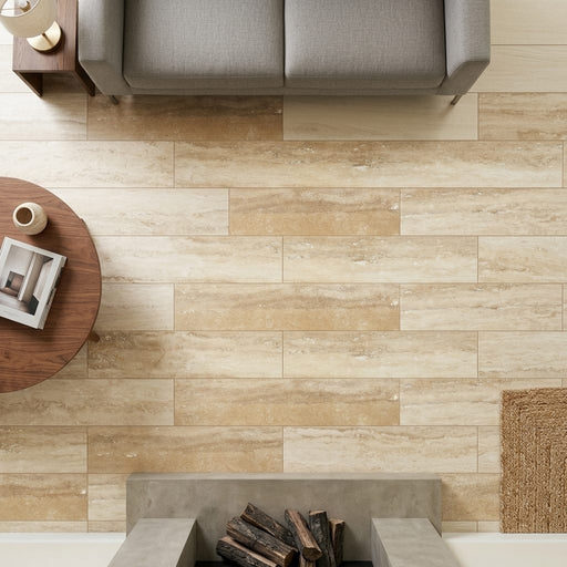 Ancient Castle Travertine Tile 6x32 Filled, Honed 6x36 — Living Room floor