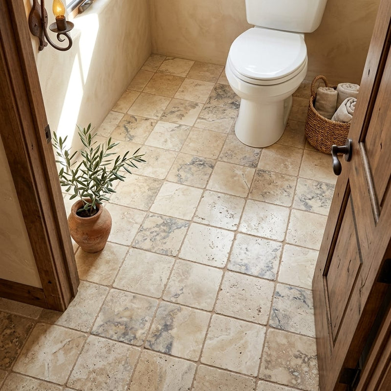 Ancient Castle Travertine Tile 6x6 Tumbled 3/8 inch — Bathroom floor