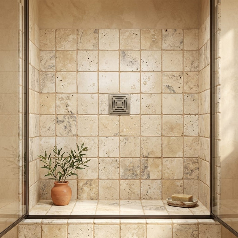 Ancient Castle Travertine Tile 6x6 Tumbled 3/8 inch — Bathroom shower floor