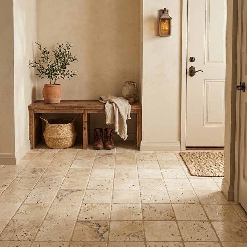 Ancient Castle Travertine Tile 6x6 Tumbled 3/8 inch — Mudroom floor