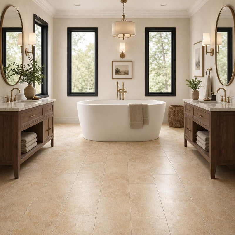 Angelica Gold 12x24 Honed Travertine Tile — Bathroom floor