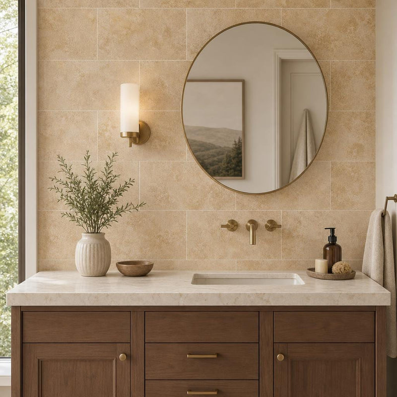Angelica Gold 12x24 Honed Travertine Tile — Bathroom vanity wall