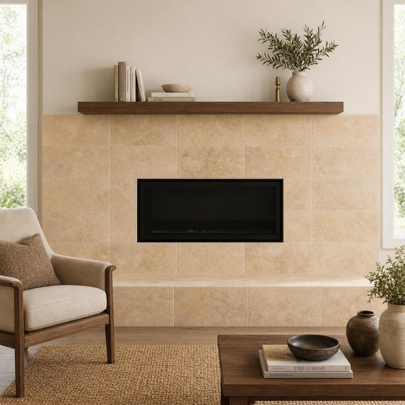 Angelica Gold 12x24 Honed Travertine Tile — Living Room fireplace surround