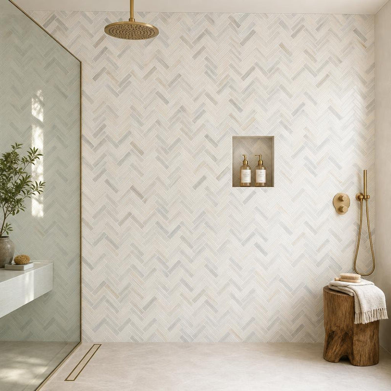 Angora Herringbone 1x3 Polished 0.38 Inch Marble Mosaic Tile — Bathroom shower wall