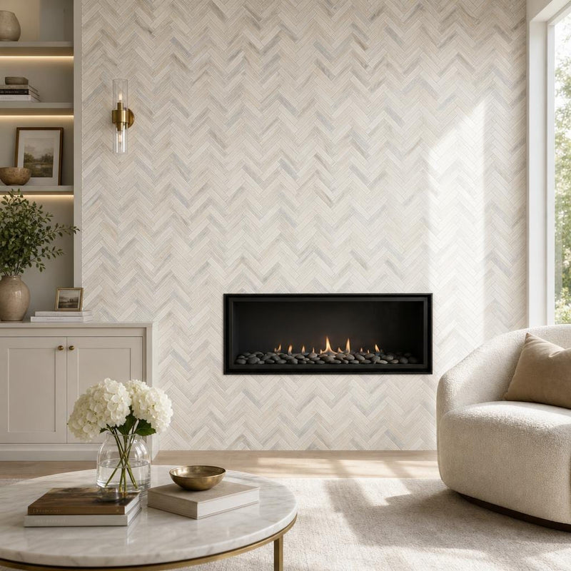 Angora Herringbone 1x3 Polished 0.38 Inch Marble Mosaic Tile — Living Room accent wall