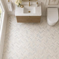 Angora Herringbone 1x3 Polished 0.38 Inch Marble Mosaic Tile — Powder Room floor