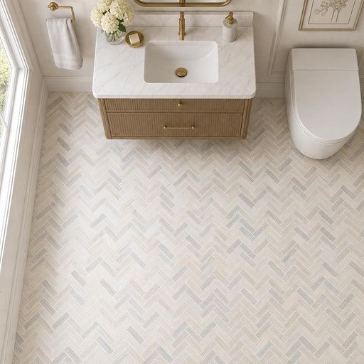 Angora Herringbone 1x3 Polished 0.38 Inch Marble Mosaic Tile — Powder Room floor