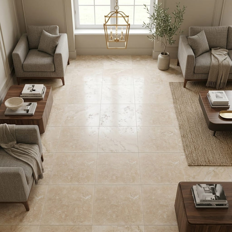 Antalya 18x18 Filled & Honed Travertine Tile — Family Room floor