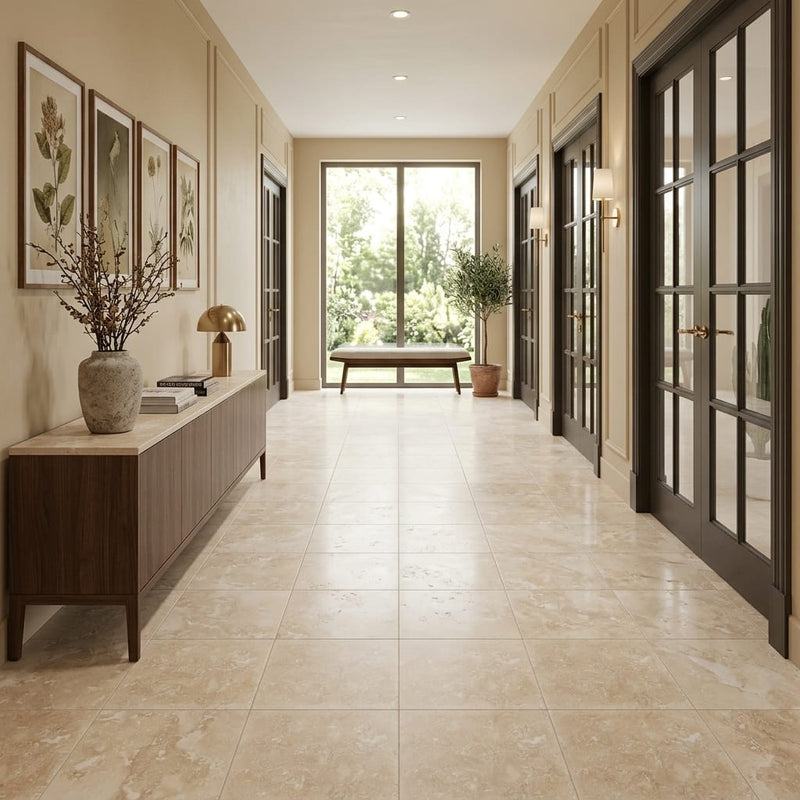 Antalya 18x18 Filled & Honed Travertine Tile — Hallway floor