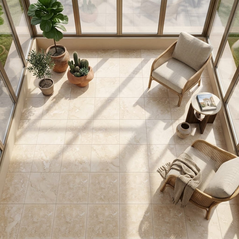 Antalya 18x18 Filled & Honed Travertine Tile — Sunroom floor