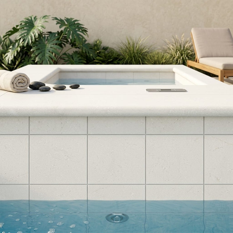 Antalya Cream Marble Leather (Sandblasted & Brushed) 12 x 12 x 1.25 Bullnose Coping 12x12 pool coping — Spa spa overhang edge