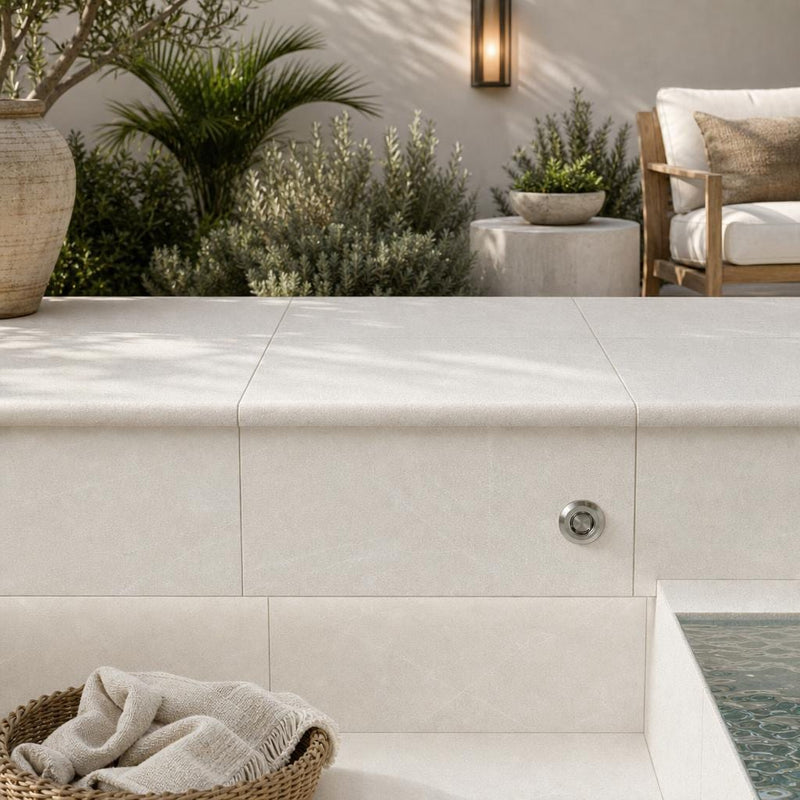 Antalya Cream Marble Leather (Sandblasted & Brushed) 12 x 24 x 1.25 Bullnose Coping 12x24 pool coping — Spa spa overhang edge