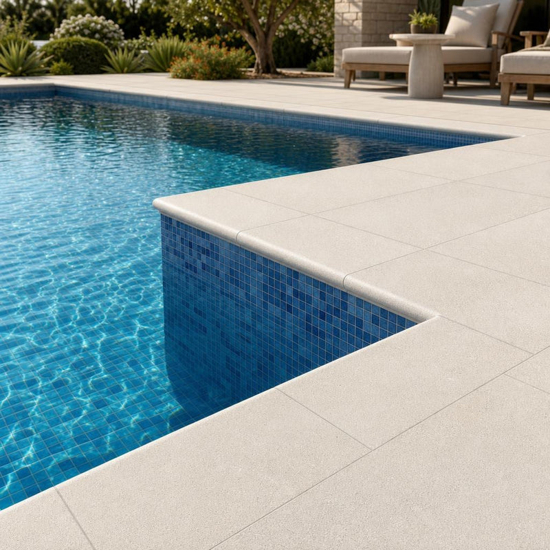 Antalya Cream Marble Leather (Sandblasted & Brushed) 12 x 24 x 1.25 Double Bullnose Coping 12x24 pool coping — Swimming Pool pool edge drop-face coping