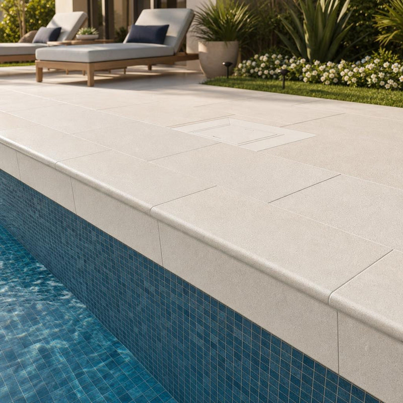 Antalya Cream Marble Leather (Sandblasted & Brushed) 12 x 24 x 1.25 Double Bullnose Coping 12x24 pool coping — Swimming Pool remodel pool edge