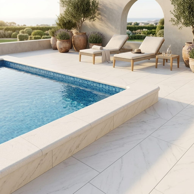 Antalya Cream Marble Leather (Sandblasted & Brushed) 12 x 24 x 2 Bullnose Coping 12x24 pool coping — Swimming Pool pool edge drop-face coping