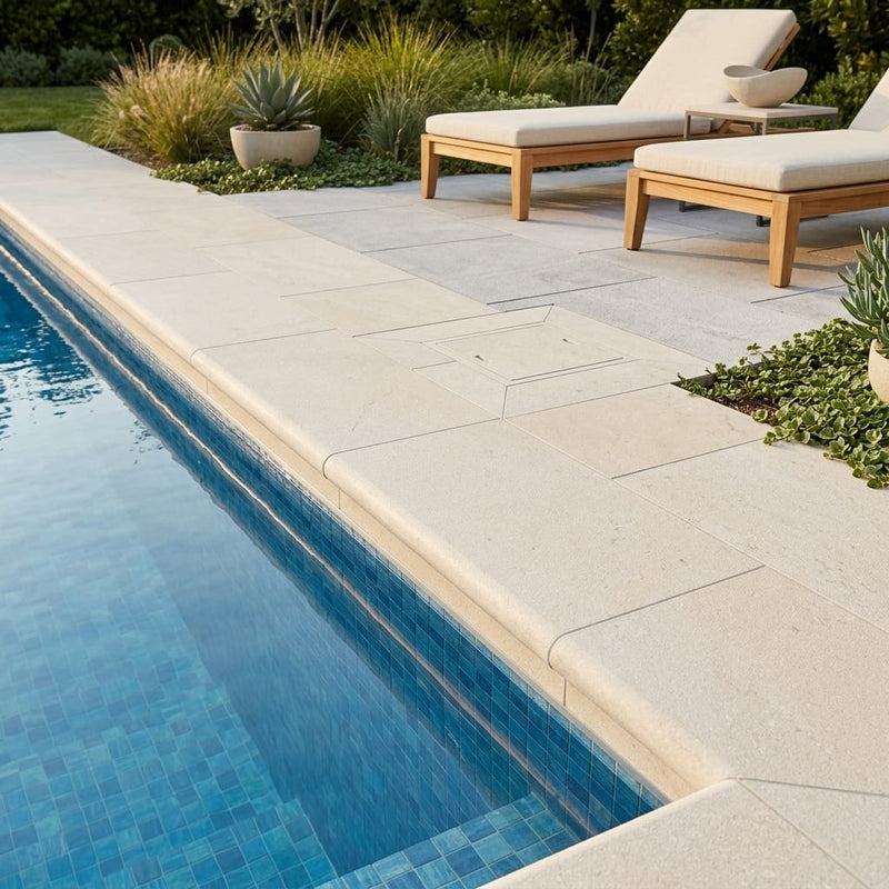 Antalya Cream Marble Leather (Sandblasted & Brushed) 12 x 24 x 2 Double Bullnose Coping 12x24 pool coping — Swimming Pool remodel pool edge