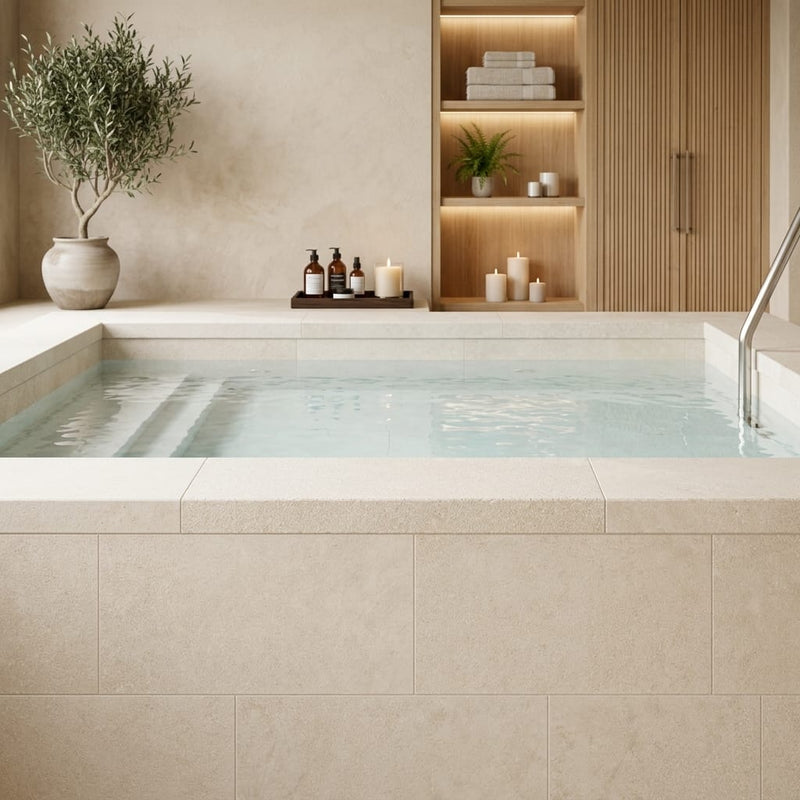 Antalya Cream Marble Leather (Sandblasted & Brushed) 12 x 24 x 2 Double Modern Coping 12x24 pool coping — Spa spa edge coping
