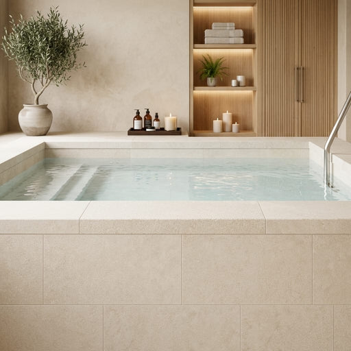 Antalya Cream Marble Leather (Sandblasted & Brushed) 12 x 24 x 2 Double Modern Coping 12x24 pool coping — Spa spa edge coping