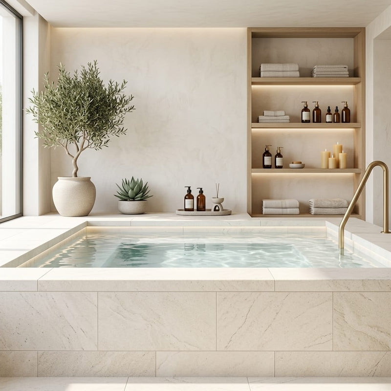 Antalya Cream Marble Leather (Sandblasted & Brushed) 12 x 24 x 2 Modern Coping 12x24 pool coping — Spa spa edge coping