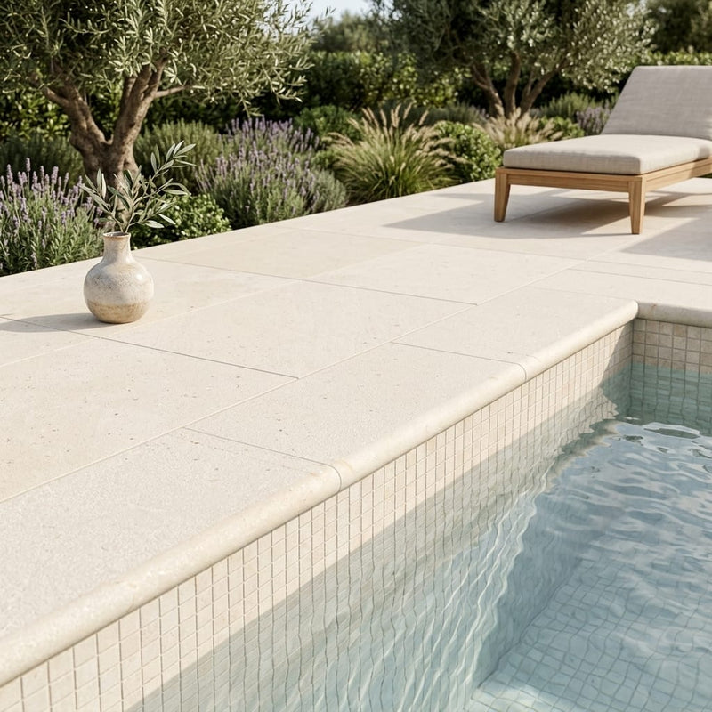 Antalya Cream Marble Leather (Sandblasted & Brushed) 16 x 24 x 1.25 Bullnose Coping 16x24 pool coping — Swimming Pool pool edge drop-face coping