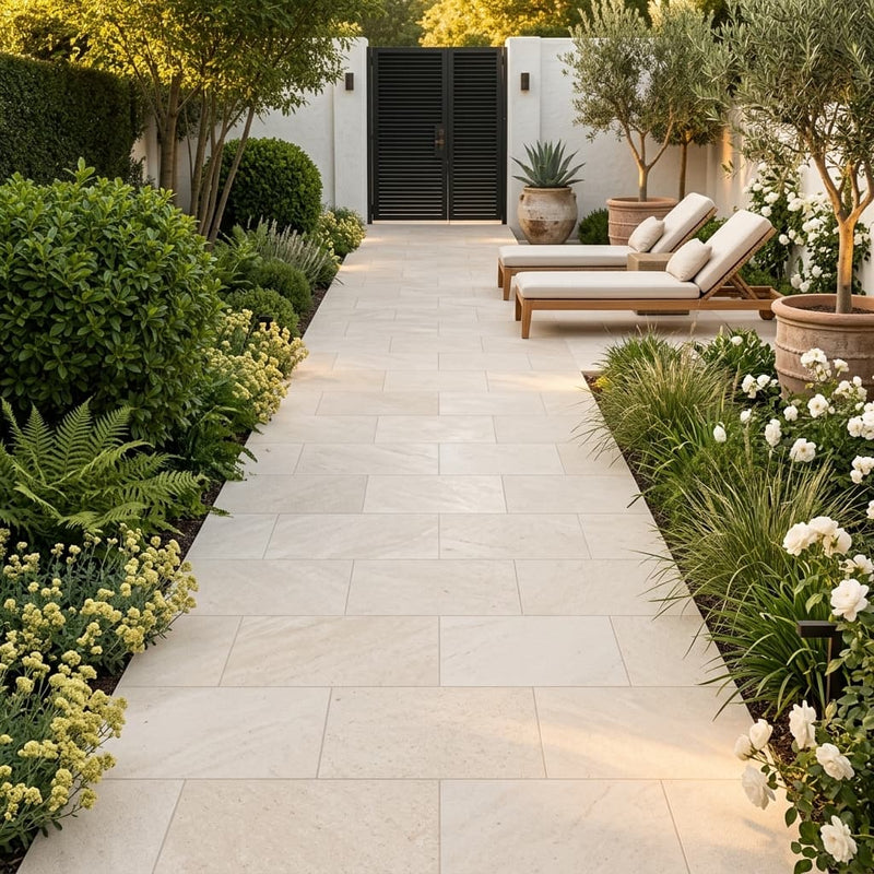 Antalya Cream Marble Leather (Sandblasted & Brushed) 16 x 24 x 1.25 Paver 16x24 — Garden path