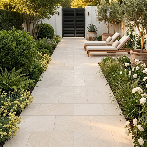 Antalya Cream Marble Leather (Sandblasted & Brushed) 16 x 24 x 1.25 Paver 16x24 — Garden path