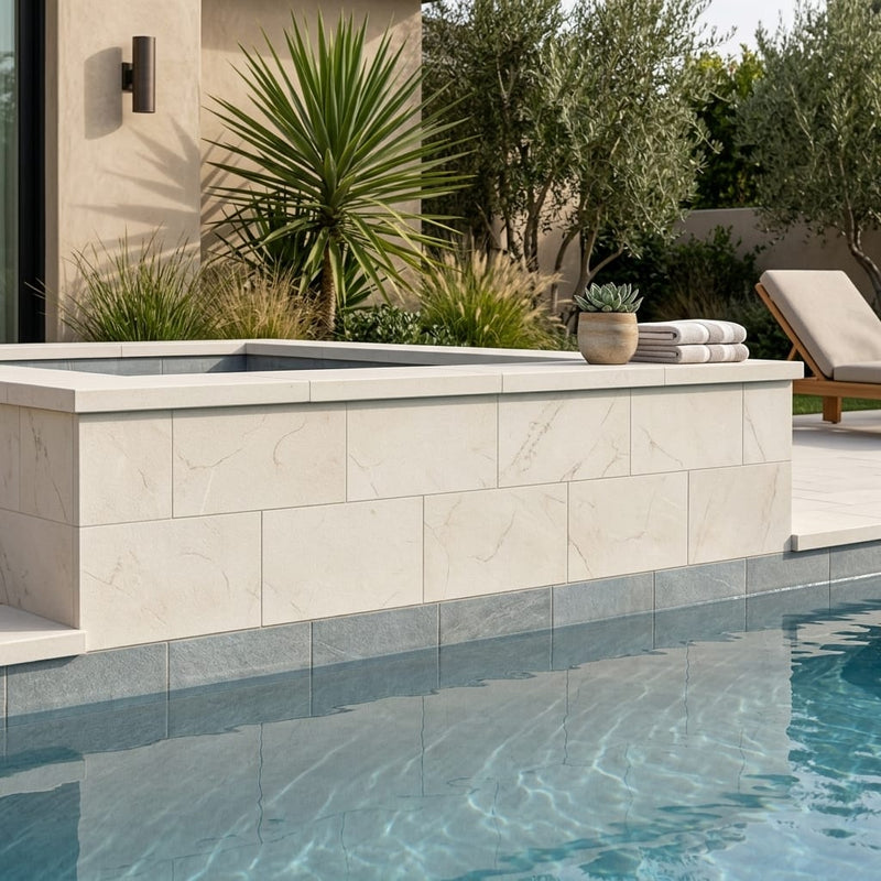 Antalya Cream Marble Leather (Sandblasted & Brushed) 16 x 24 x 2 Modern Coping 16x24 pool coping — Swimming Pool raised bond beam cap
