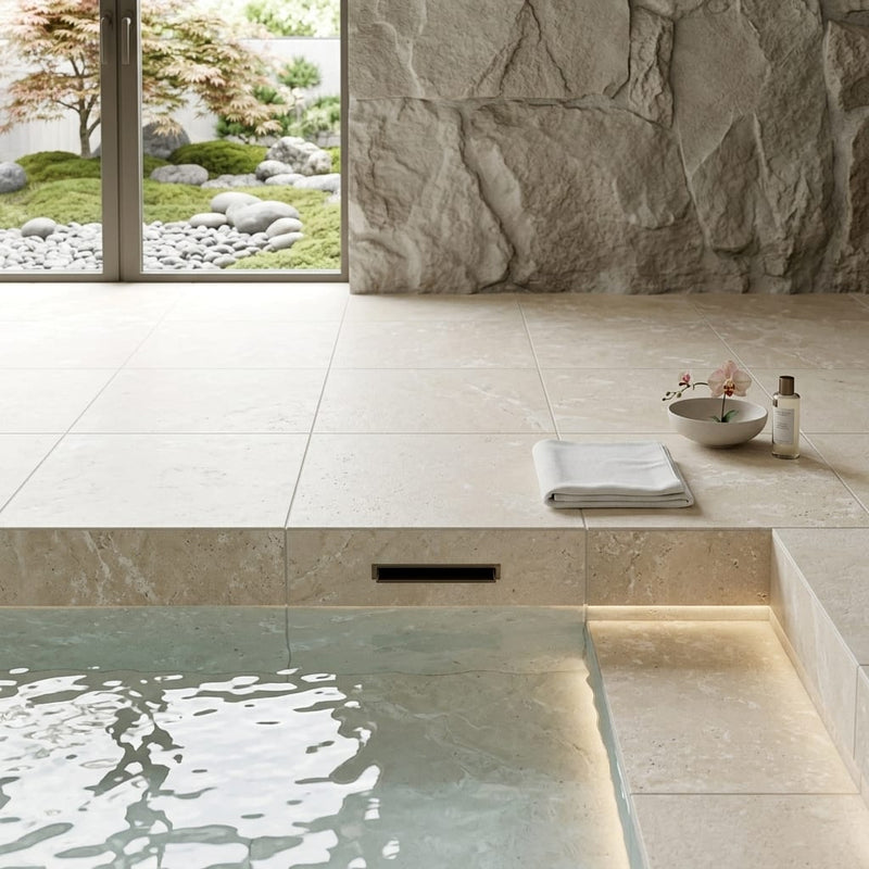 Antalya Cream Marble Leather (Sandblasted & Brushed) 24 x 24 x 2 4-SIDED Modern Coping 24x24 pool coping — Spa spa edge coping