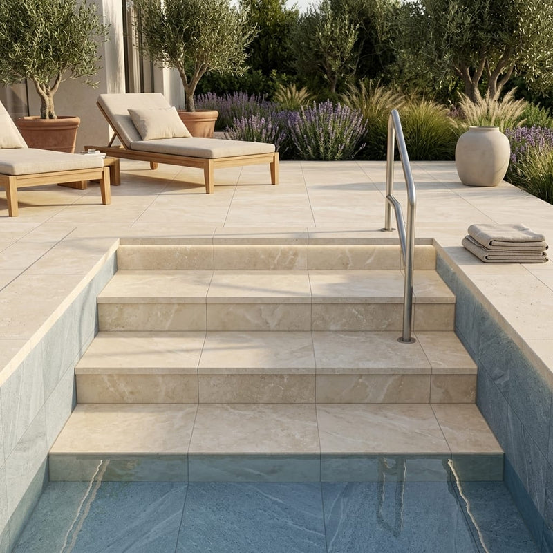 Antalya Cream Marble Leather (Sandblasted & Brushed) 24 x 24 x 2 4-SIDED Modern Coping 24x24 pool coping — Swimming Pool pool step edge