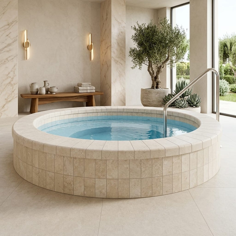Antalya Cream Marble Leather (Sandblasted & Brushed) 4 x 12 x 2 Bullnose Coping 4x12 pool coping — Spa spa overhang edge