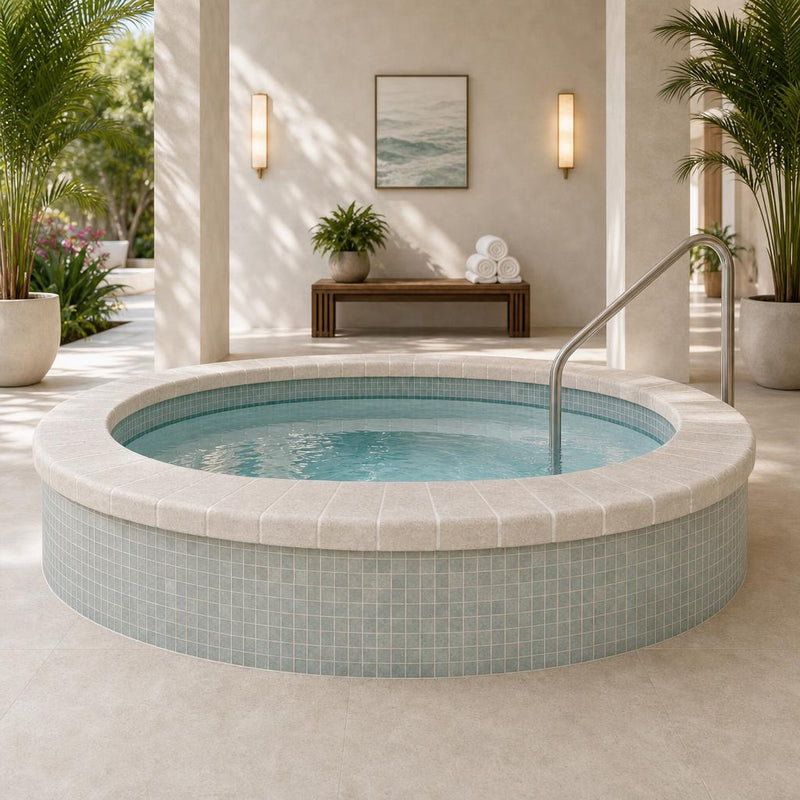 Antalya Cream Marble Leather (Sandblasted & Brushed) 4 x 12 x 2 Bullnose Coping 4x12 pool coping — Spa spa overhang edge