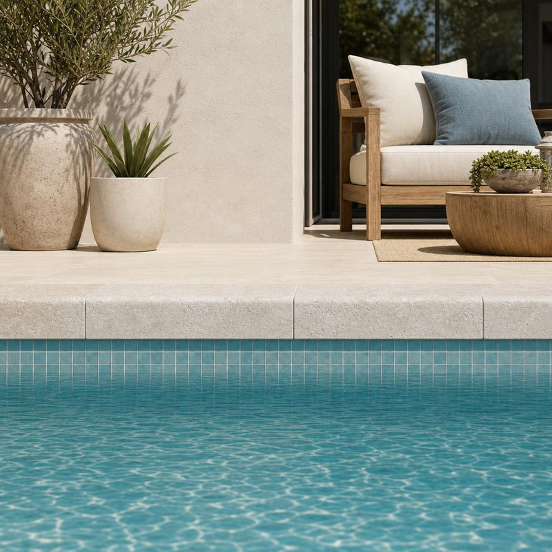 Antalya Cream Marble Leather (Sandblasted & Brushed) 4 x 12 x 2 Bullnose Coping 4x12 pool coping — Swimming Pool pool edge drop-face coping