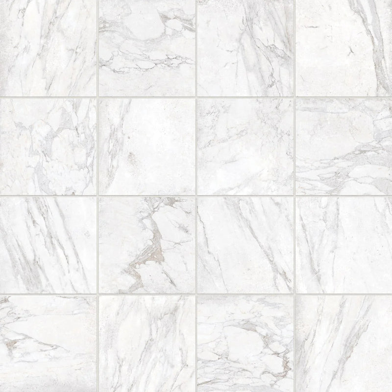 Antica Roma Bianco 12x12 matte ceramic tile with a white marble-look surface and gray veining.